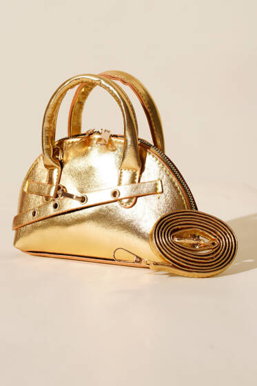 Fermuarlı Oval Mini El Çanta Gold - Kol Çantası