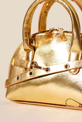 Fermuarlı Oval Mini El Çanta Gold - Kol Çantası