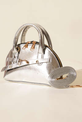 Fermuarlı Oval Mini El Çanta Gümüş - GÜZEL ÇANTA