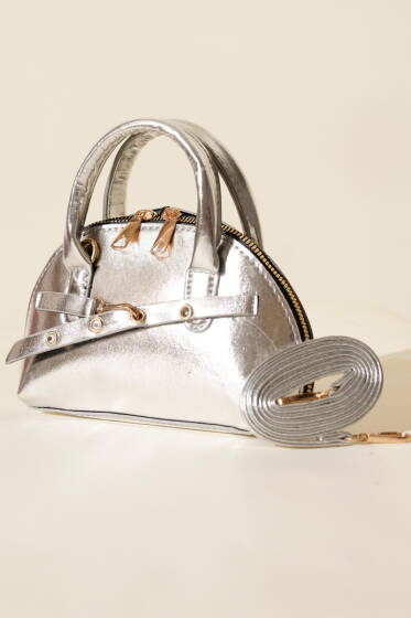 Fermuarlı Oval Mini El Çanta Gümüş - Kol Çantası