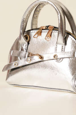 Fermuarlı Oval Mini El Çanta Gümüş - Kol Çantası