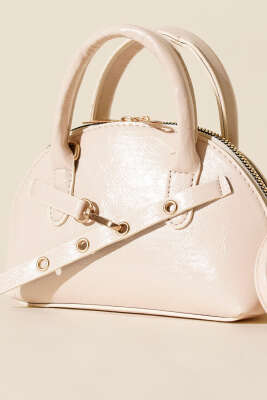 Fermuarlı Oval Mini El Çanta Krem - Kol Çantası