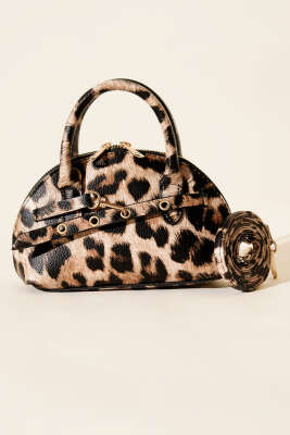 Fermuarlı Oval Mini El Çanta Leopar - Kol Çantası