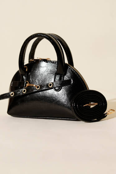 Fermuarlı Oval Mini El Çanta Siyah - Kol Çantası