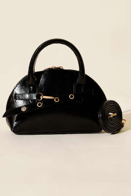 Fermuarlı Oval Mini El Çanta Siyah - Kol Çantası