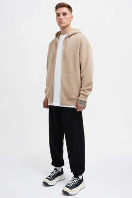 Fermuarlı Oversize Erkek Mevsimlik Hırka Bej - Erkek Yelek