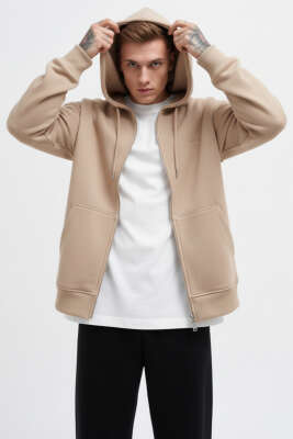 Fermuarlı Oversize Erkek Mevsimlik Hırka Bej - MACHINIST