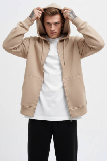 Fermuarlı Oversize Erkek Mevsimlik Hırka Bej - Erkek Yelek