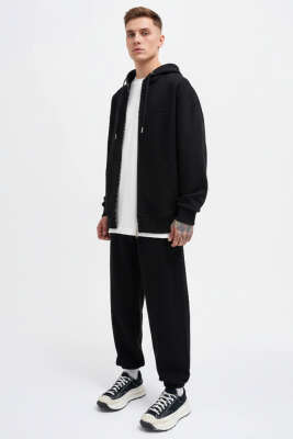 Fermuarlı Oversize Erkek Mevsimlik Hırka Siyah - Erkek Hırka