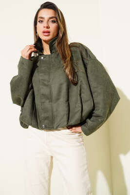 Fermuarlı Oversize Kısa Süet Ceket Haki - BIGDART