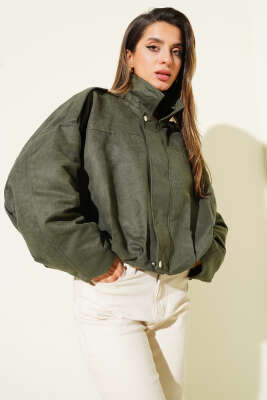 Fermuarlı Oversize Kısa Süet Ceket Haki - Kadın Giyim Modelleri