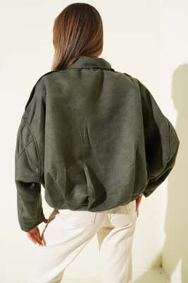 Fermuarlı Oversize Kısa Süet Ceket Haki - Kadın Giyim Modelleri