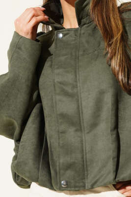 Fermuarlı Oversize Kısa Süet Ceket Haki - Kadın Giyim Modelleri