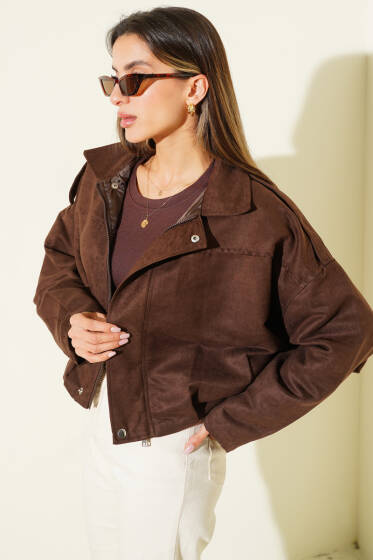 Fermuarlı Oversize Kısa Süet Ceket Kahve - Kadın Giyim Modelleri