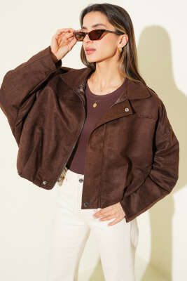 Fermuarlı Oversize Kısa Süet Ceket Kahve - Kadın Giyim Modelleri