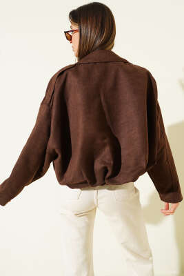 Fermuarlı Oversize Kısa Süet Ceket Kahve - Kadın Giyim Modelleri