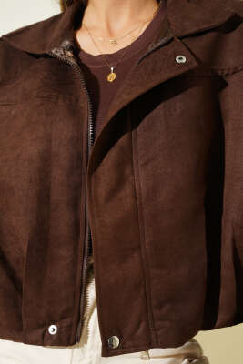 Fermuarlı Oversize Kısa Süet Ceket Kahve - Kadın Giyim Modelleri