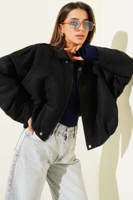 Fermuarlı Oversize Kısa Süet Ceket Siyah - Kadın Giyim Modelleri
