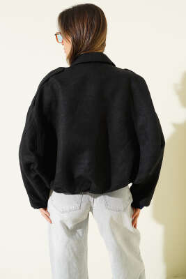 Fermuarlı Oversize Kısa Süet Ceket Siyah - Kadın Giyim Modelleri