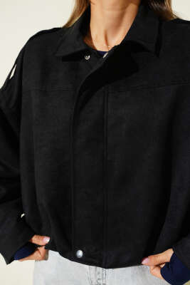 Fermuarlı Oversize Kısa Süet Ceket Siyah - Kadın Giyim Modelleri