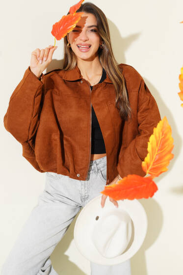 Fermuarlı Oversize Kısa Süet Ceket Taba - Kadın Giyim Modelleri