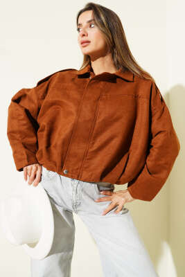 Fermuarlı Oversize Kısa Süet Ceket Taba - Kadın Giyim Modelleri