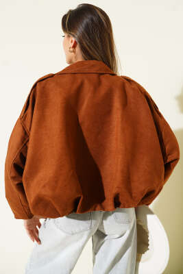 Fermuarlı Oversize Kısa Süet Ceket Taba - Kadın Giyim Modelleri