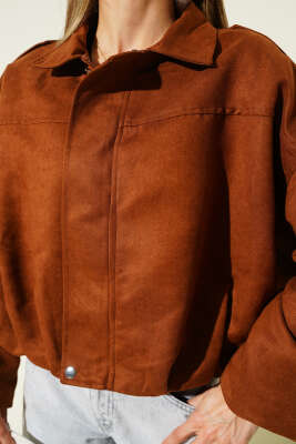 Fermuarlı Oversize Kısa Süet Ceket Taba - Kadın Giyim Modelleri