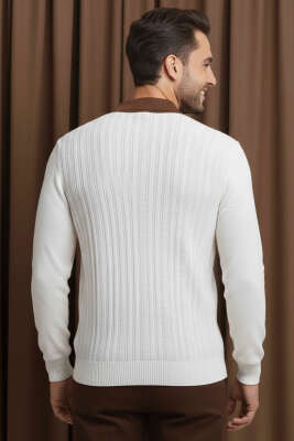 Fermuarlı Polo Yaka Örme Erkek Kazak Beyaz - Erkek Kazak