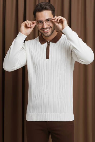 Fermuarlı Polo Yaka Örme Erkek Kazak Beyaz - Erkek Kazak