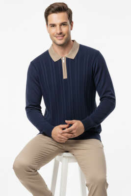 Fermuarlı Polo Yaka Örme Erkek Kazak Lacivert - Erkek Kazak