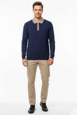 Fermuarlı Polo Yaka Örme Erkek Kazak Lacivert - Erkek Kazak