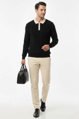 Fermuarlı Polo Yaka Örme Erkek Kazak Siyah - Erkek Kazak