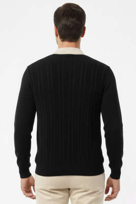 Fermuarlı Polo Yaka Örme Erkek Kazak Siyah - Erkek Kazak