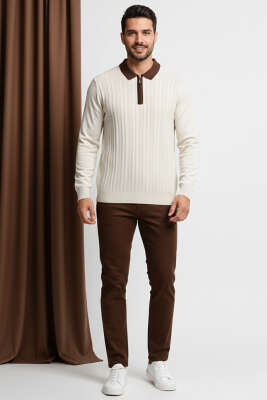 Fermuarlı Polo Yaka Örme Erkek Kazak Taş - Erkek Kazak