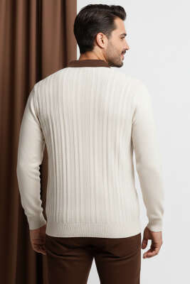 Fermuarlı Polo Yaka Örme Erkek Kazak Taş - Erkek Kazak