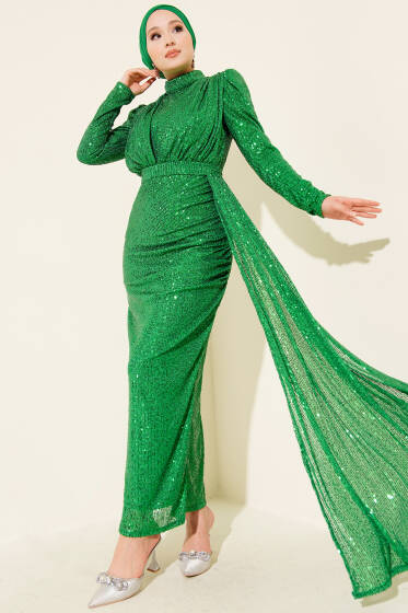 Fermuarlı Pullu Kuşaklı Abiye Elbise Benetton - Elbise