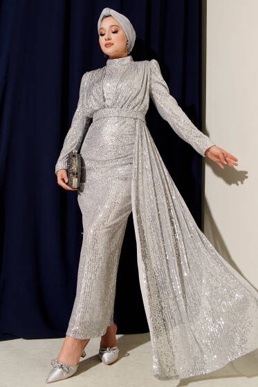 Fermuarlı Pullu Kuşaklı Abiye Elbise Gümüş - Elbise