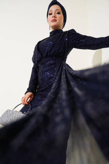 Fermuarlı Pullu Kuşaklı Abiye Elbise Lacivert - Elbise