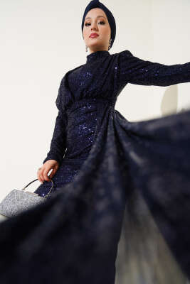 Fermuarlı Pullu Kuşaklı Abiye Elbise Lacivert