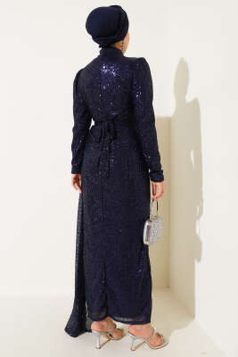 Fermuarlı Pullu Kuşaklı Abiye Elbise Lacivert - Tesettür Elbise