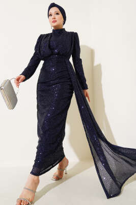 Fermuarlı Pullu Kuşaklı Abiye Elbise Lacivert - Tesettür Elbise