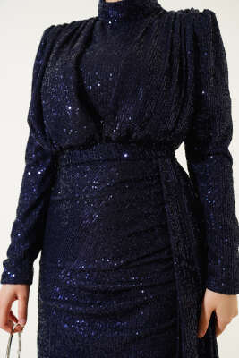 Fermuarlı Pullu Kuşaklı Abiye Elbise Lacivert - Tesettür Elbise