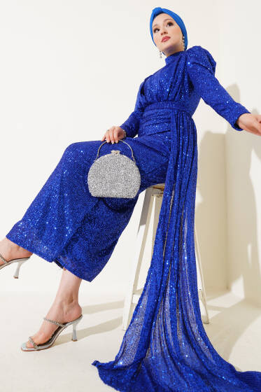 Fermuarlı Pullu Kuşaklı Abiye Elbise Saks - Elbise