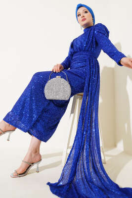 Fermuarlı Pullu Kuşaklı Abiye Elbise Saks