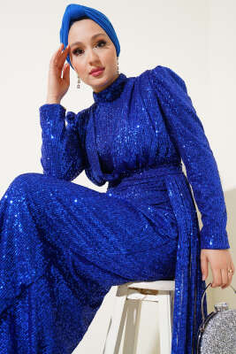 Fermuarlı Pullu Kuşaklı Abiye Elbise Saks - Tesettür Elbise