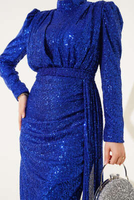 Fermuarlı Pullu Kuşaklı Abiye Elbise Saks - Tesettür Elbise