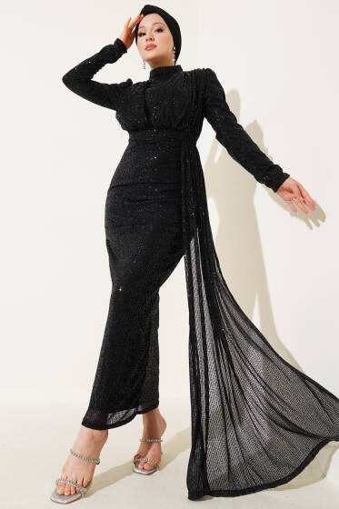 Fermuarlı Pullu Kuşaklı Abiye Elbise Siyah - Elbise