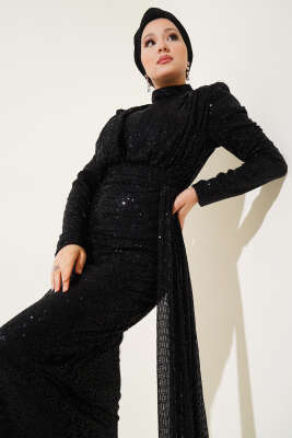 Fermuarlı Pullu Kuşaklı Abiye Elbise Siyah - Tesettür Elbise