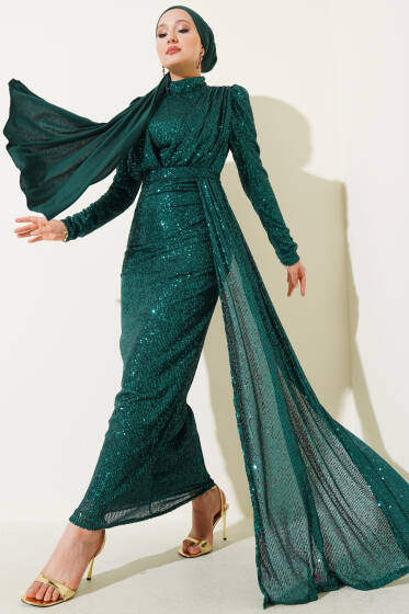 Fermuarlı Pullu Kuşaklı Abiye Elbise Yeşil - Elbise